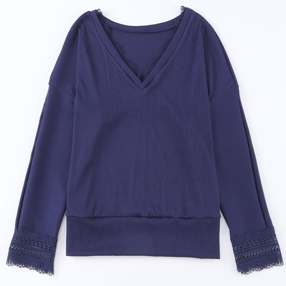 🔥🔥Blue Ribbed Lace Trim V Neck Long Sleeve Top - Picture 3 of 7